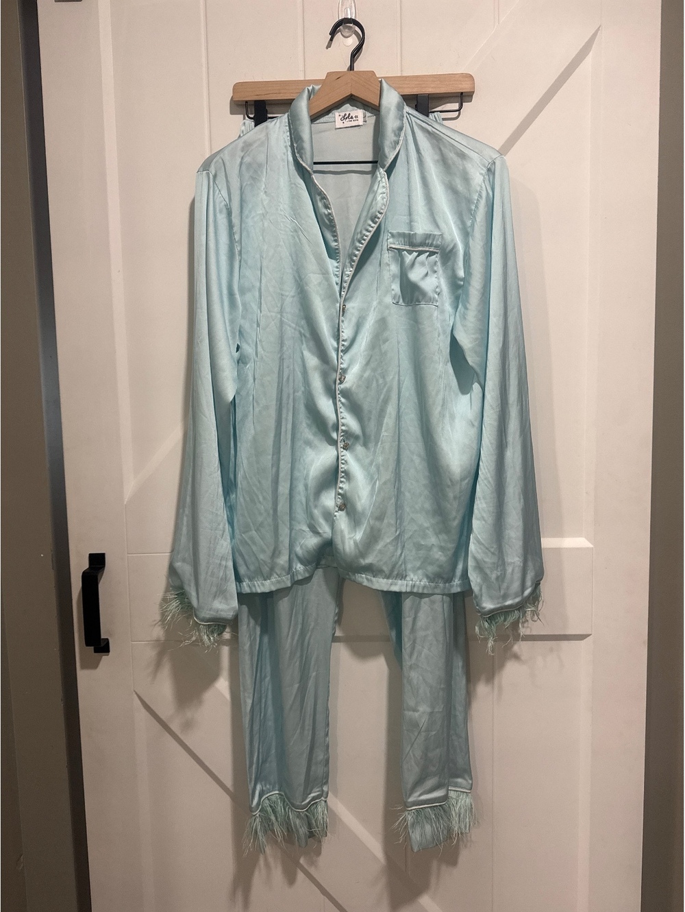 Lola + The Boys Sky Feather Silky Set in Light Blue with Faux Feather Trim, L